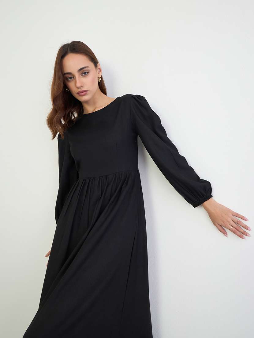 women solid puff sleeve tiered dress - 22285449 -  Standard Image - 3