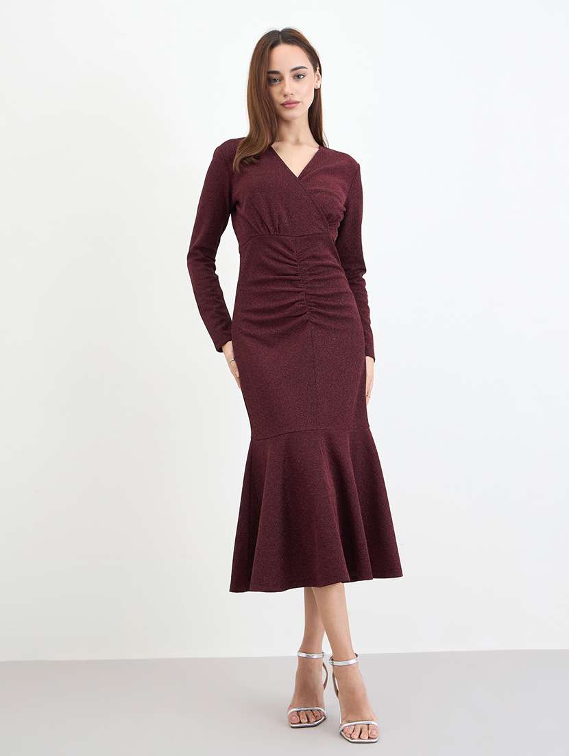 women solid overlap neck long sleeve bodycon dress