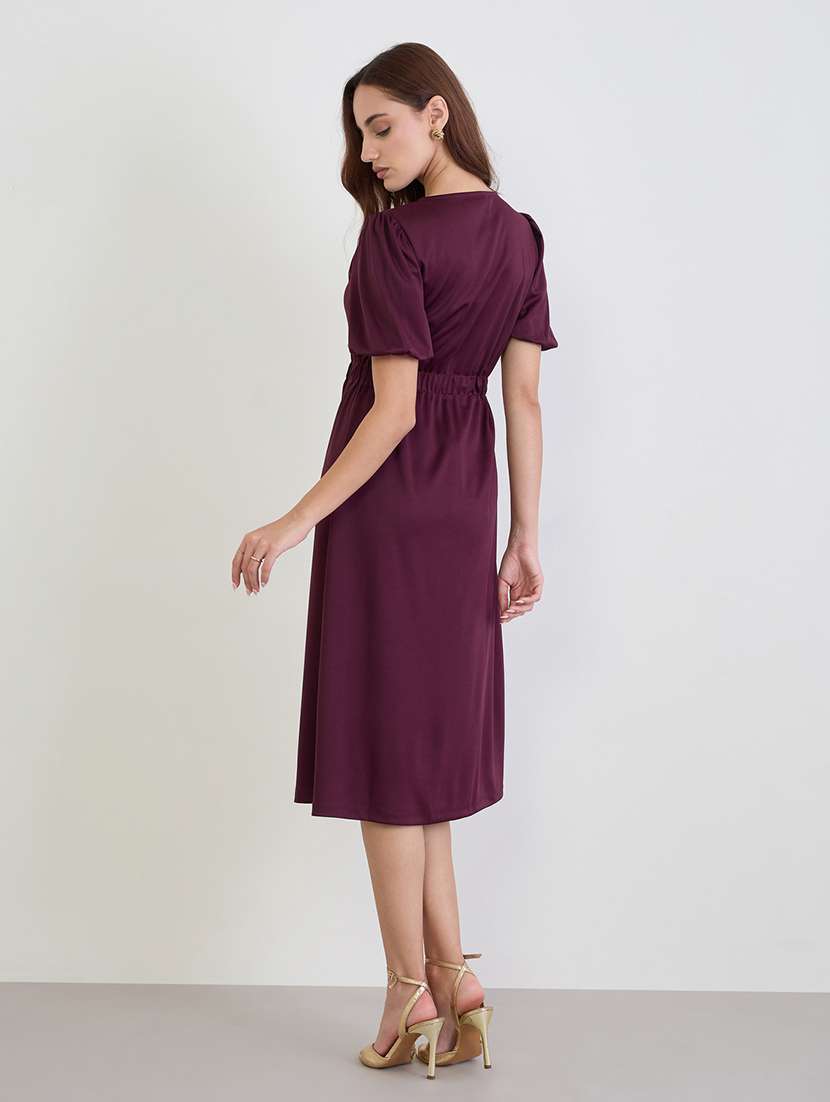 women solid puff sleeve a-line dress - 22285466 -  Standard Image - 3