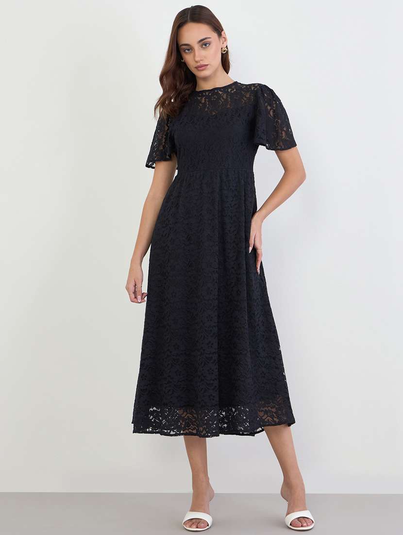 women solid puff sleeve lace a-line dress
