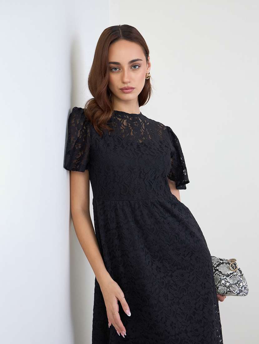women solid puff sleeve lace a-line dress - 22285468 -  Standard Image - 3
