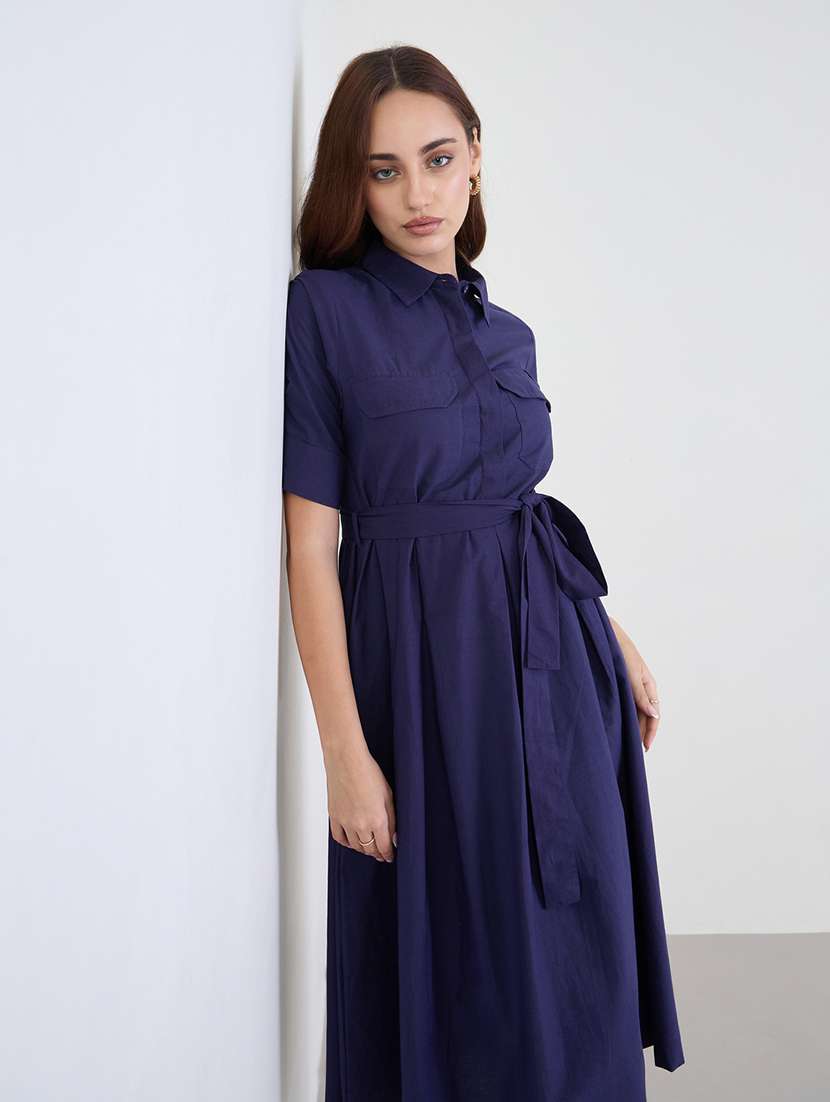 women solid collared short sleeve flared dress - 22285471 -  Standard Image - 3