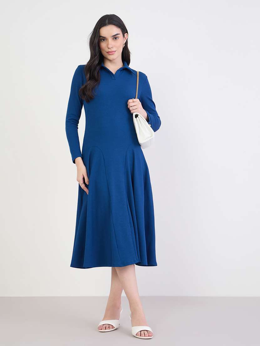 women solid collared long sleeve a-line dress
