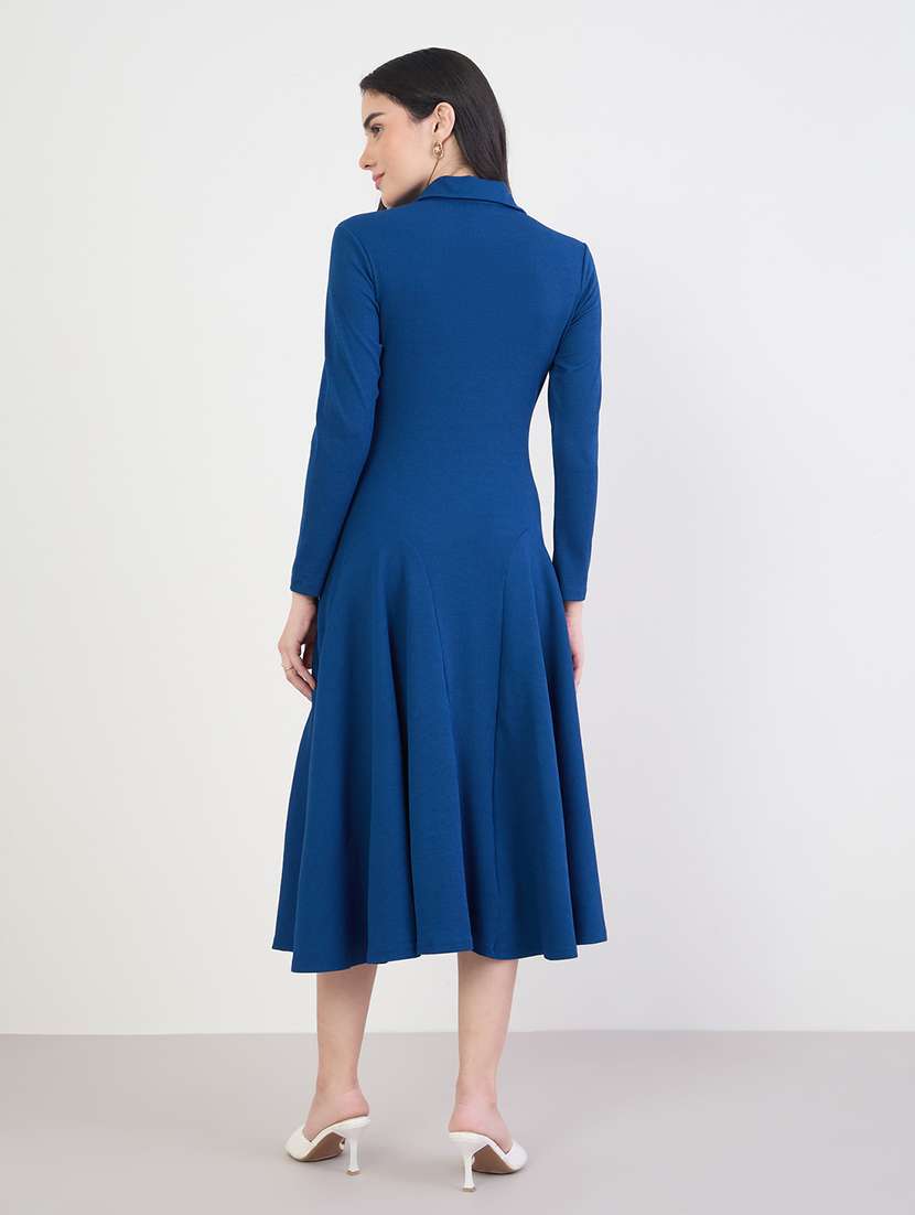 women solid collared long sleeve a-line dress - 22285472 -  Standard Image - 3