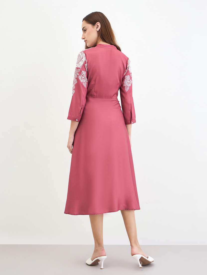 women printed mandarin neck flared dress - 22285476 -  Standard Image - 3