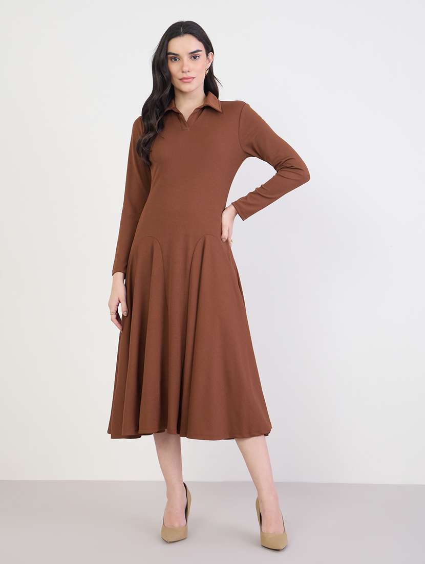 women solid collared long sleeve a-line dress