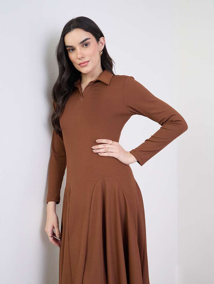 women solid collared long sleeve a-line dress - 22285478 -  Standard Image - 3