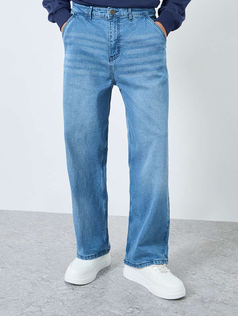 men washed mid rise full length baggy jeans