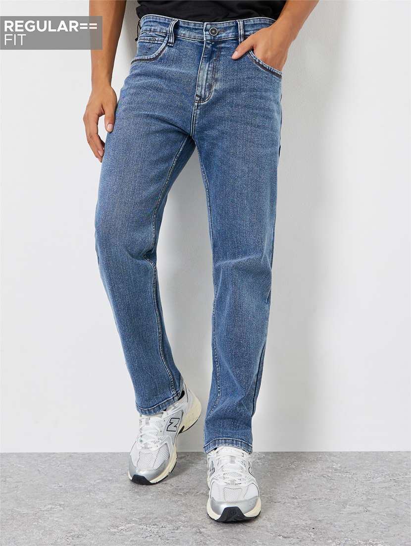men plain mid rise full length straight fit jeans