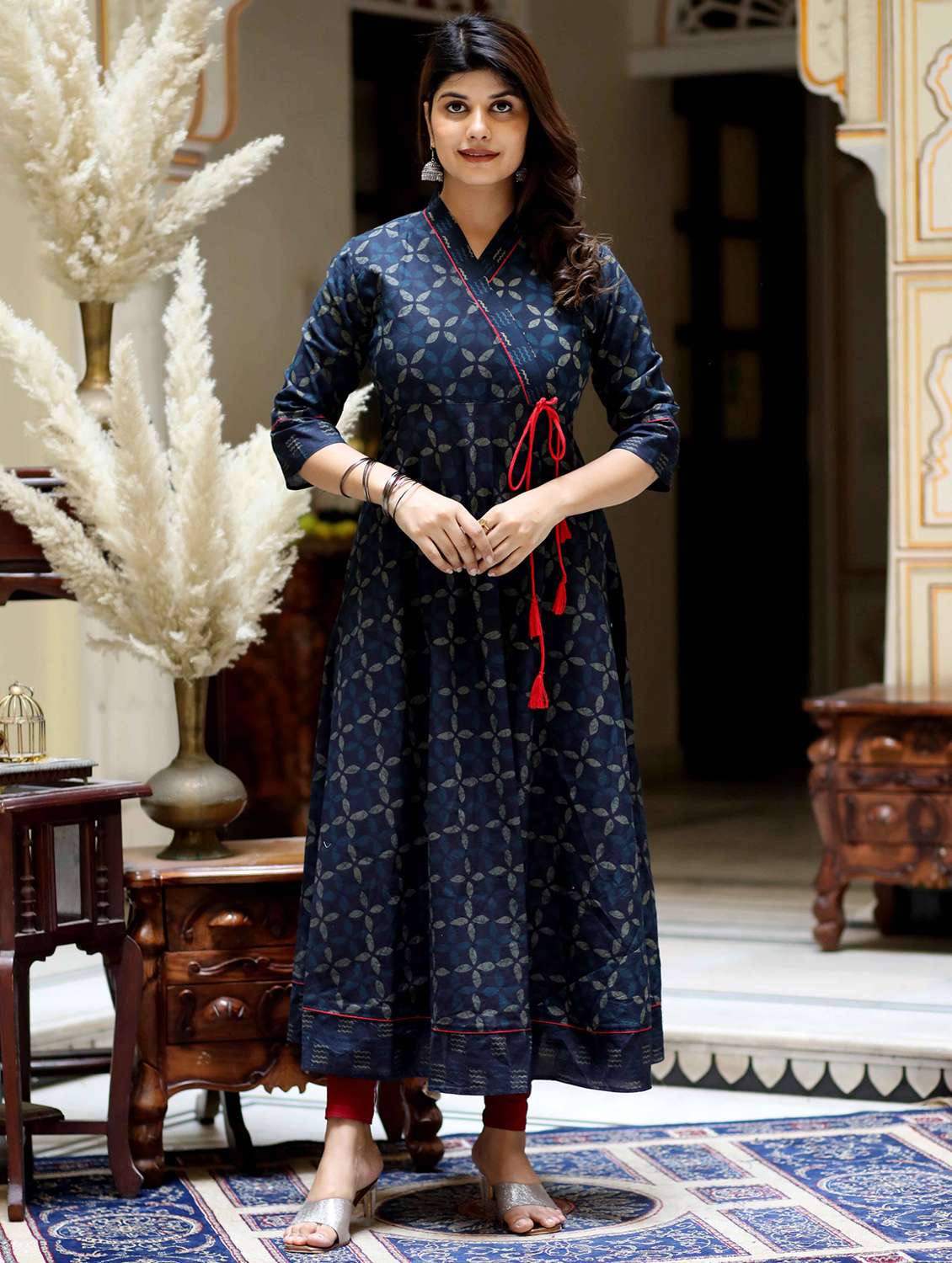 women printed three quarter sleeve angrakha kurta