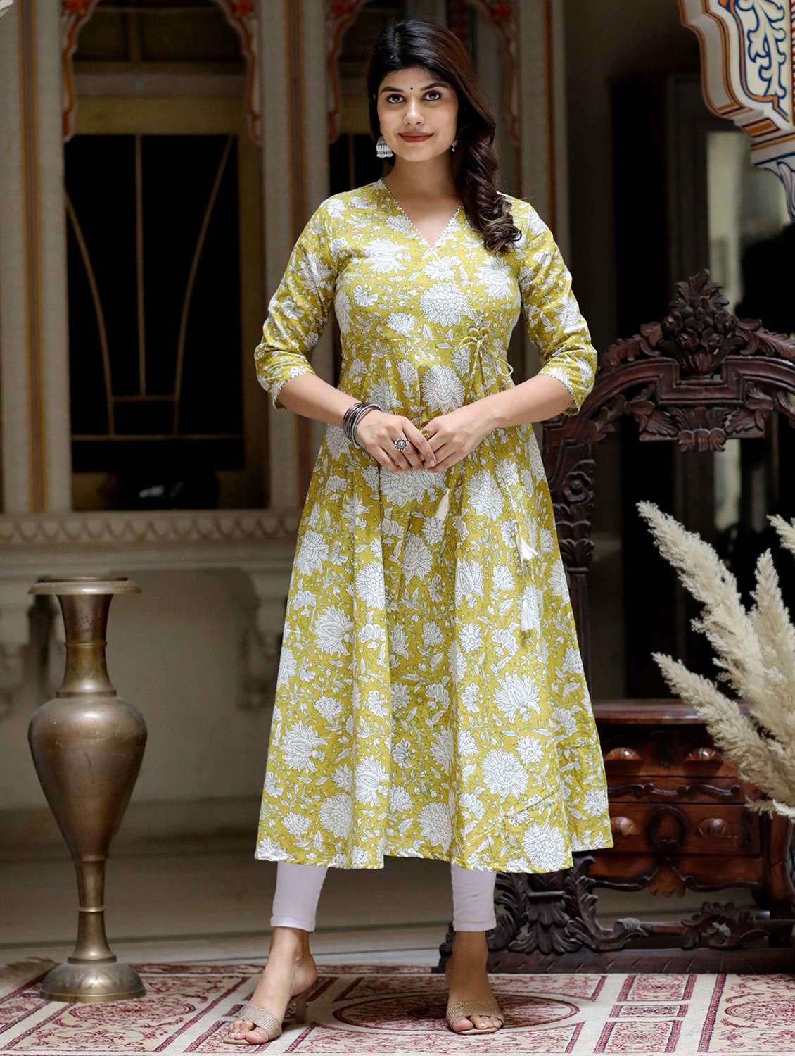 yellow cotton anarkali women printed three quarter sleeve anarkali kurta