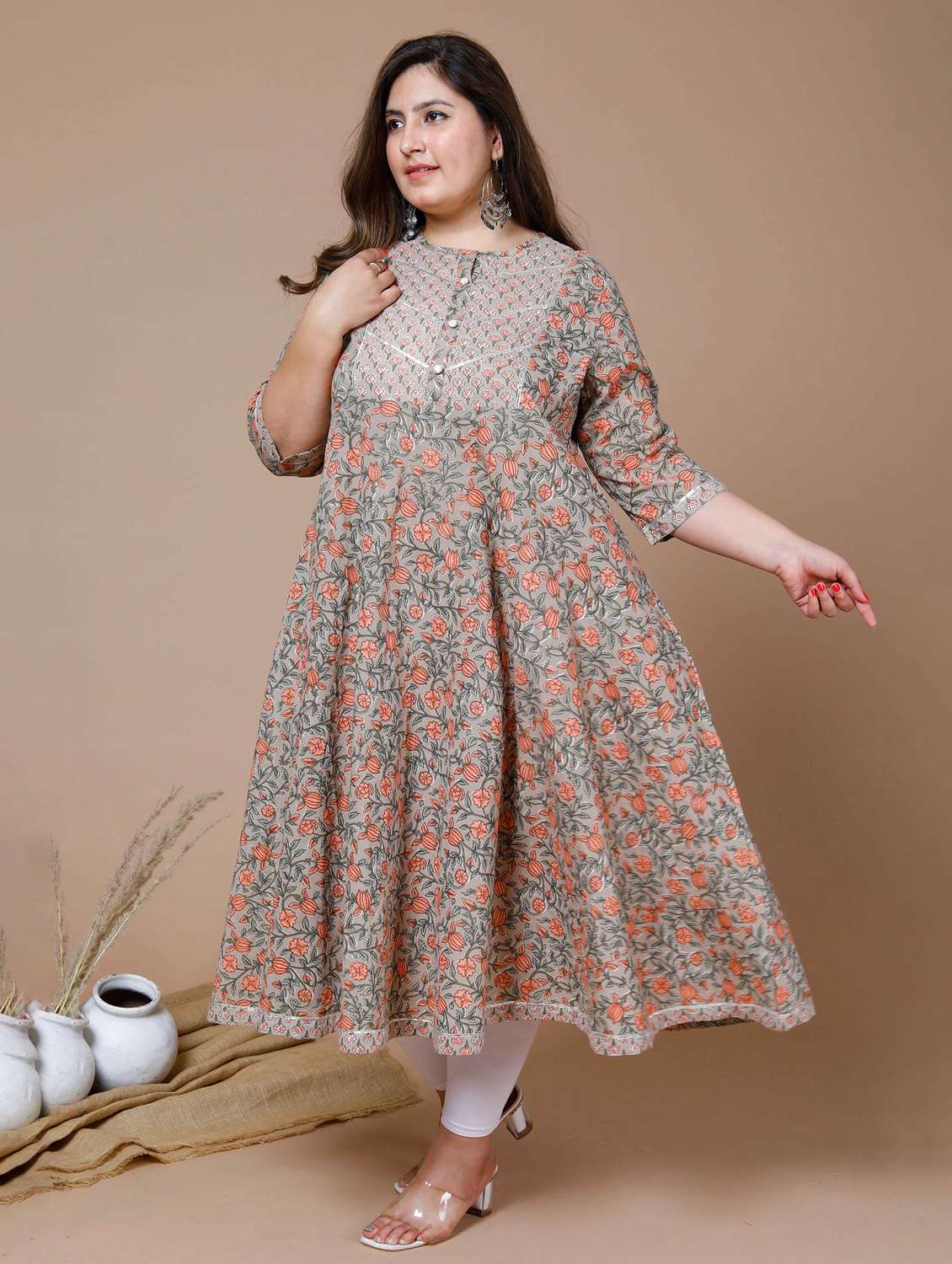 women printed three quarter sleeve anarkali kurta