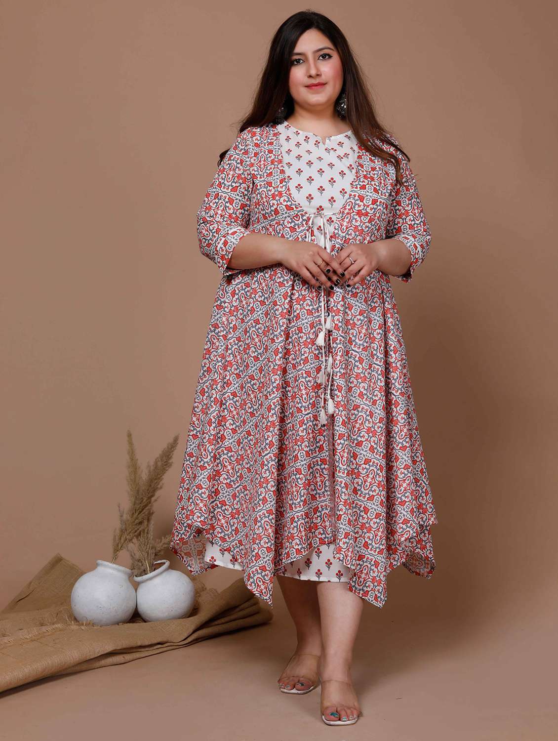 women plus size floral printed three quarter sleeve a-line kurta