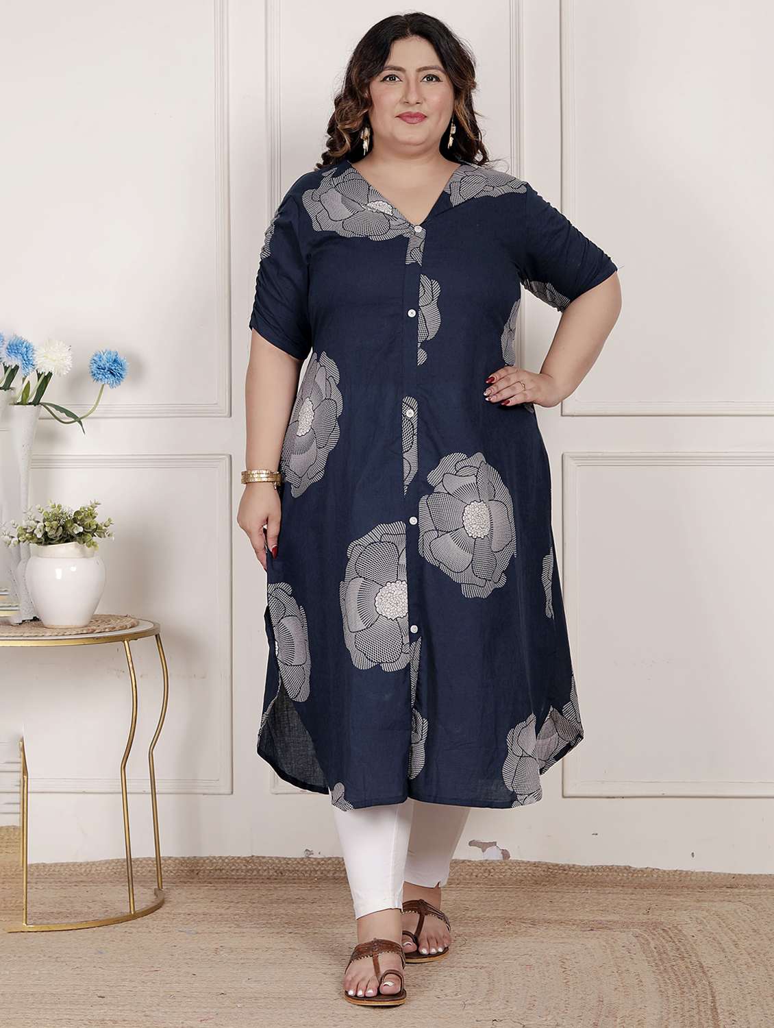 women plus size floral printed short sleeve a-liine kurta
