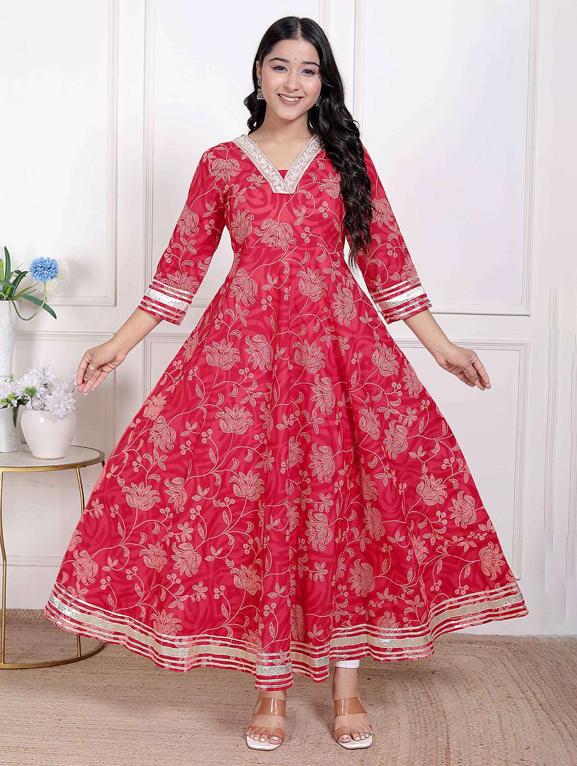 women printed three quarter sleeve anarkali kurta