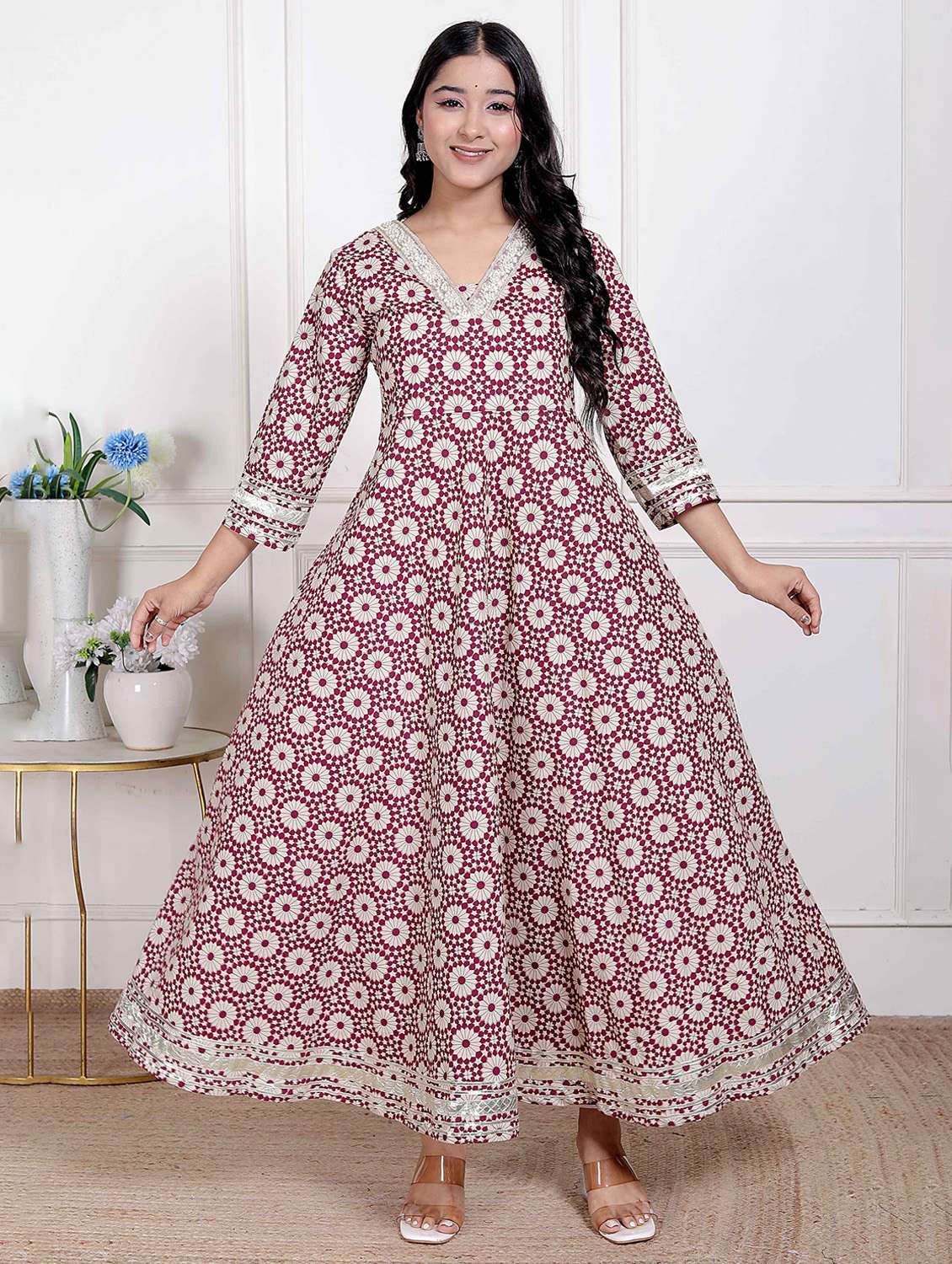 women printed three quarter sleeve anarkali kurta