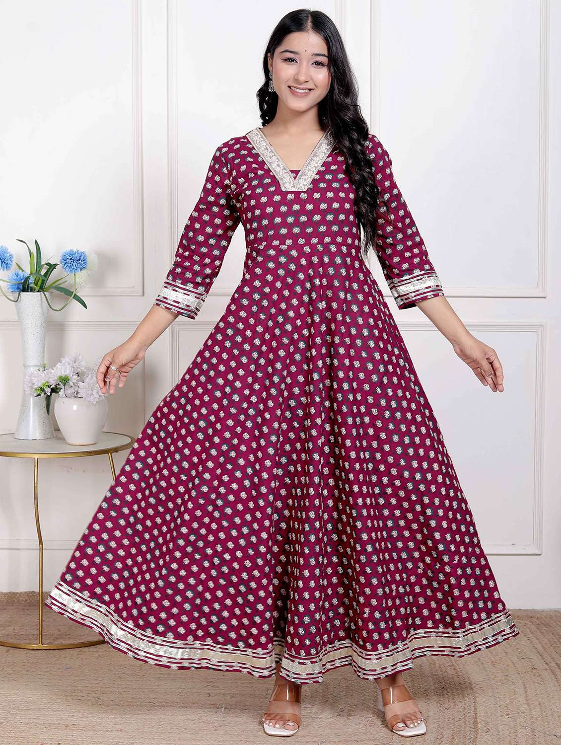women printed three quarter sleeve anarkali kurta