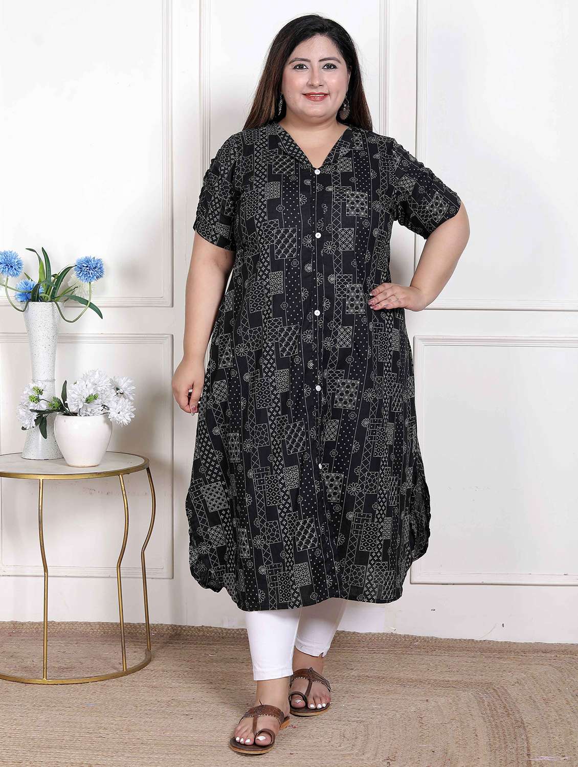 women plus size printed short sleeve a-liine kurta