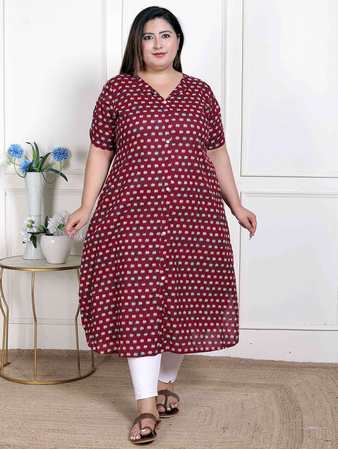 women plus size floral printed short sleeve a-liine kurta