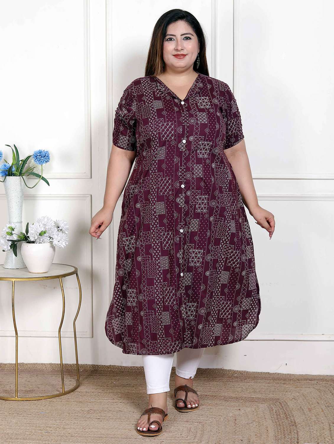 women plus size printed short sleeve a-liine kurta