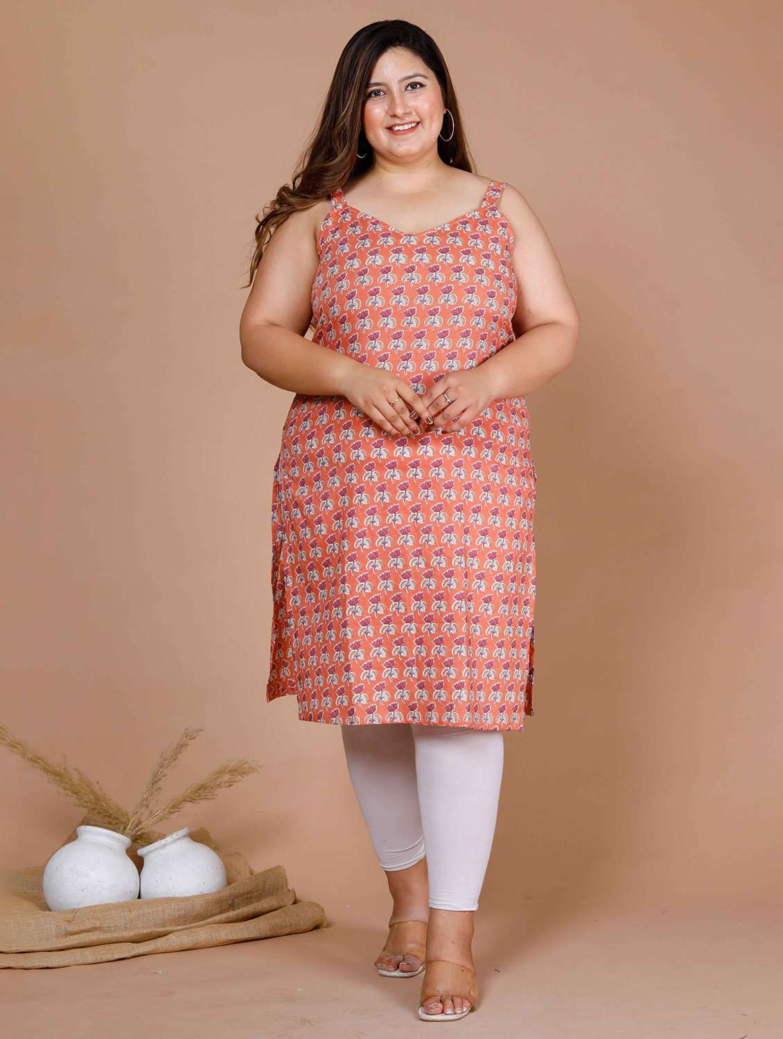 women plus size floral shoulder strap straight kurta