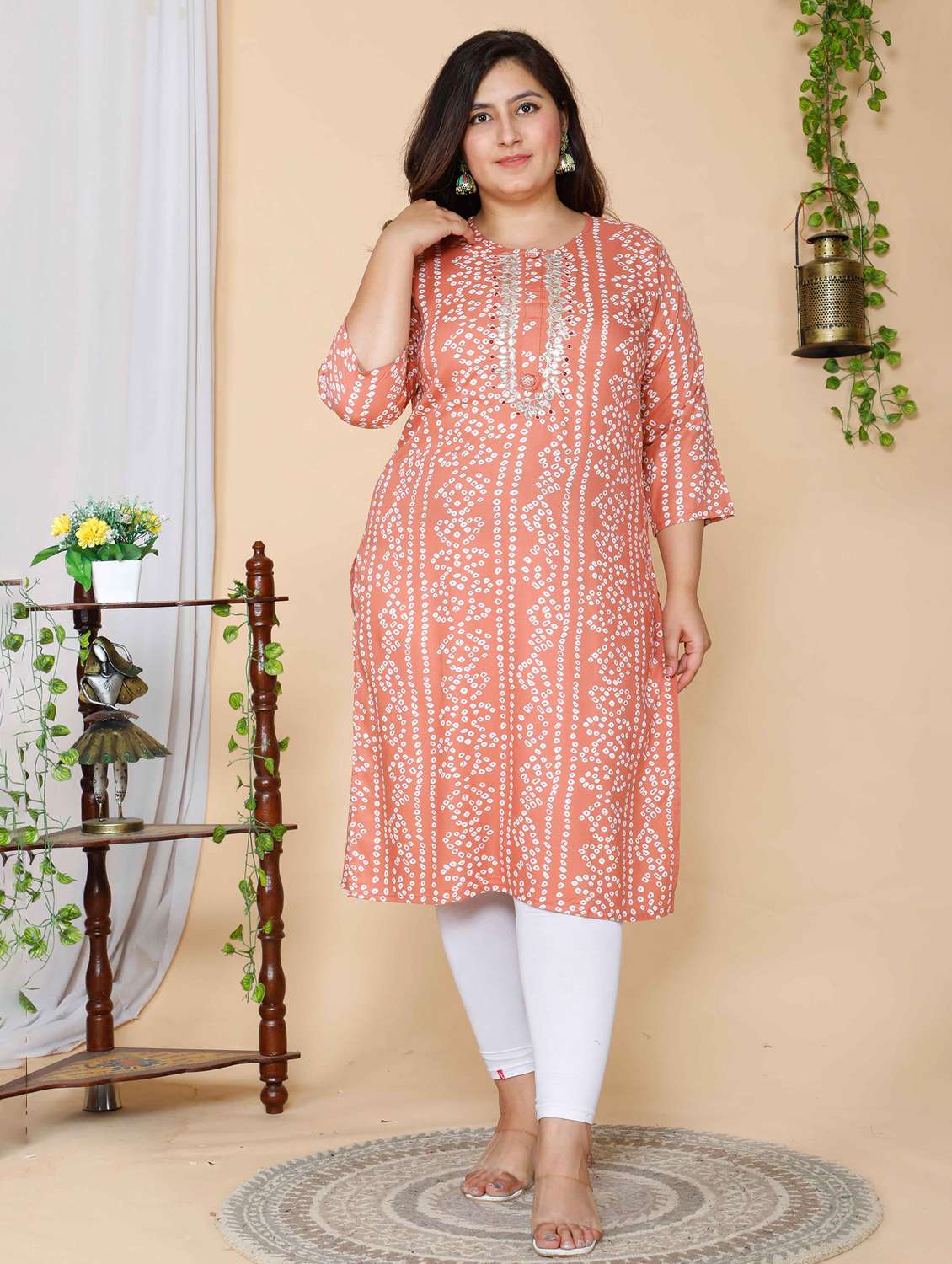 women printed three quarter sleeve straight kurta