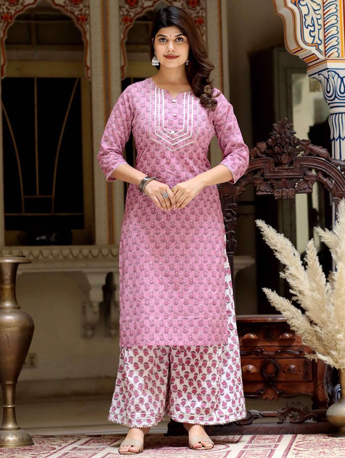 women floral printed three quarter sleeve kurta palazzo set