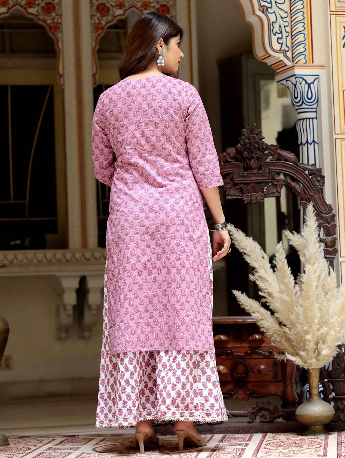 women floral printed three quarter sleeve kurta palazzo set - 22285575 -  Standard Image - 3