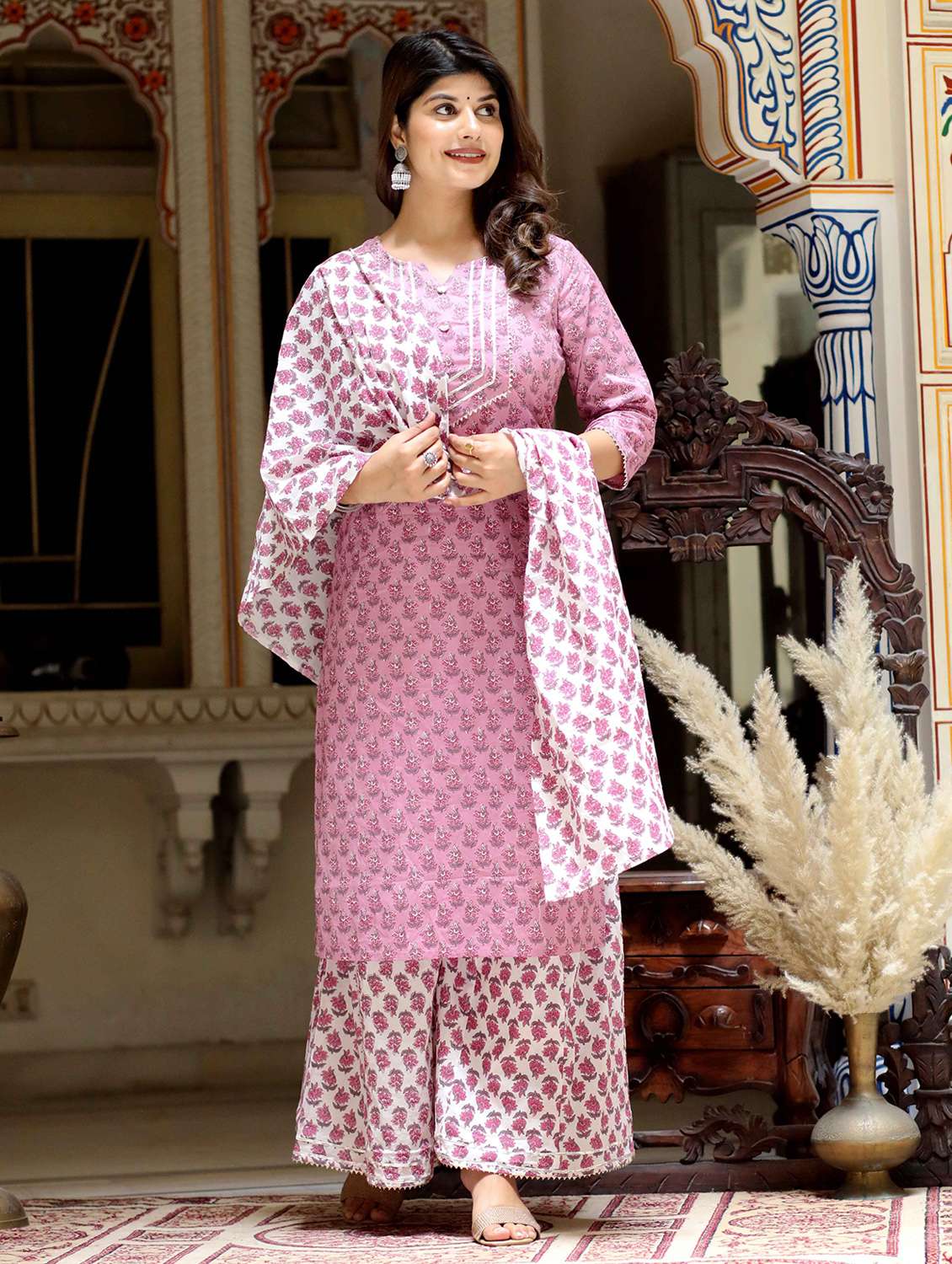 Women Printed Three Quarter Sleeve Kurta Palazzo With Dupatta Set - 22285576 -  Standard Image - 3