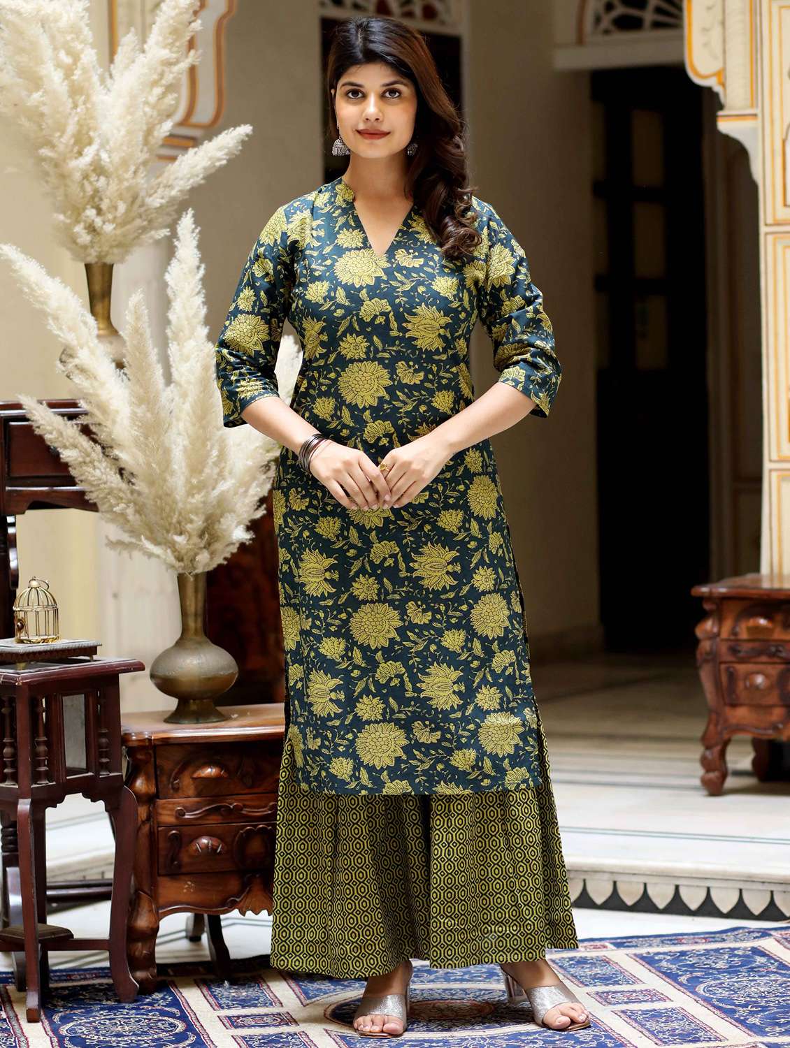 women floral printed three quarter sleeve kurta sharara set