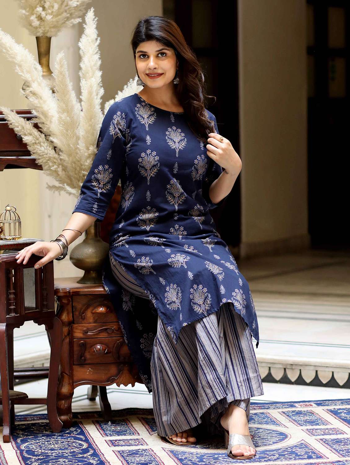 women floral printed three quarter sleeve kurta sharara set - 22285582 -  Standard Image - 3