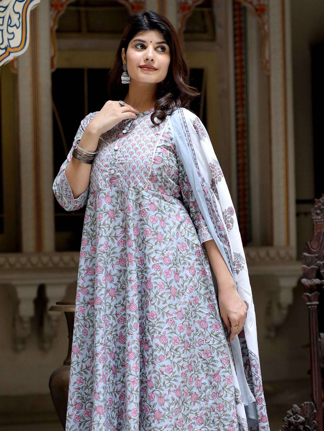women printed three quarter sleeve kurta with dupatta set - 22285585 -  Standard Image - 5