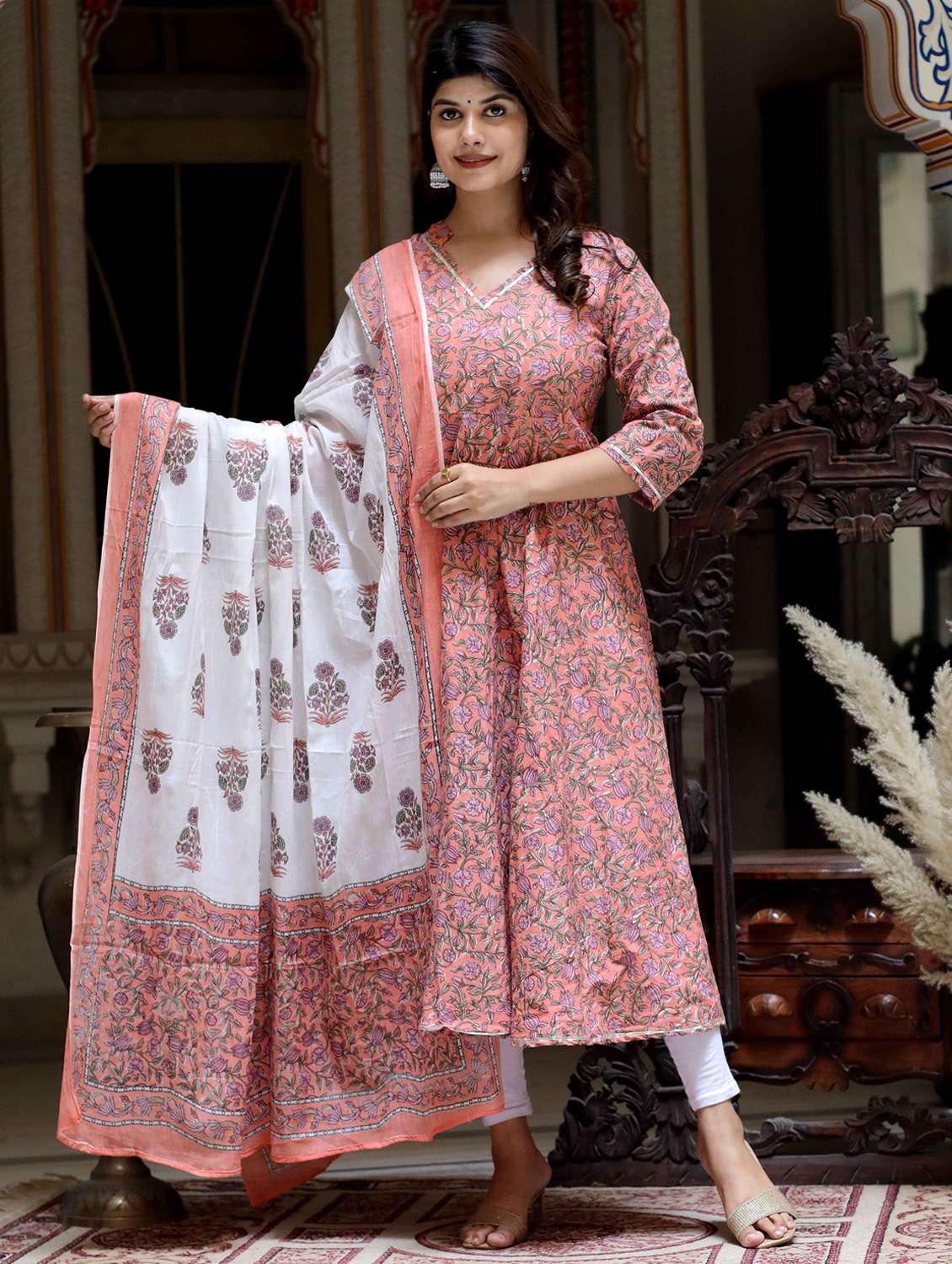 women printed three quarter sleeve kurta with dupatta set