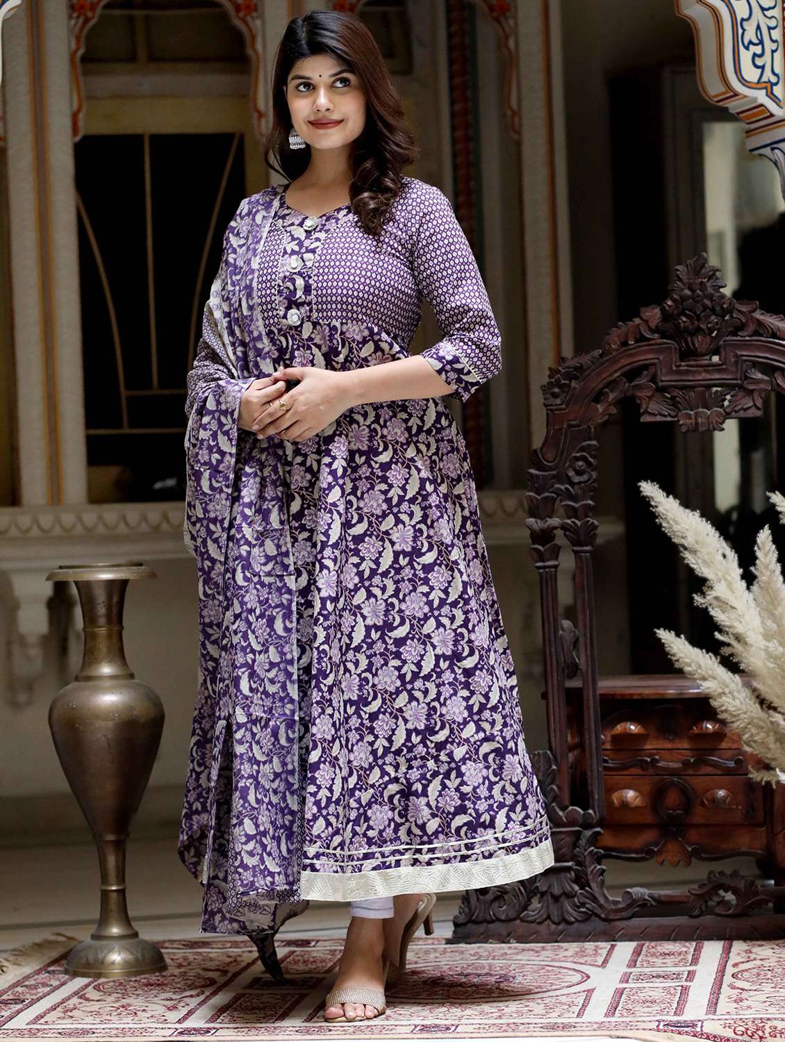 women printed three quarter sleeve kurta with dupatta set - 22285596 -  Standard Image - 3