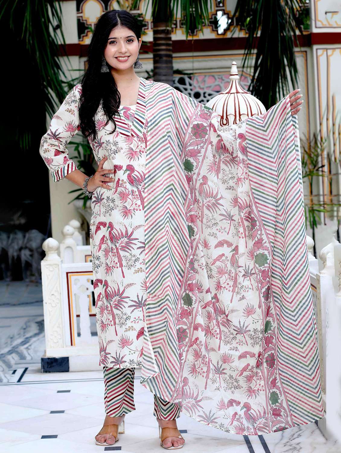 women floral three quarter sleeve kurta pant with dupatta set