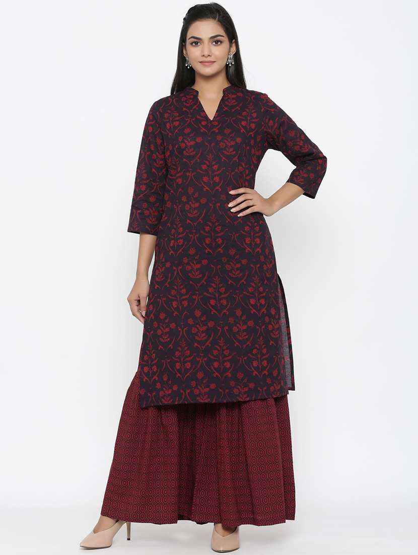 women printed three quarter sleeve kurta sharara set