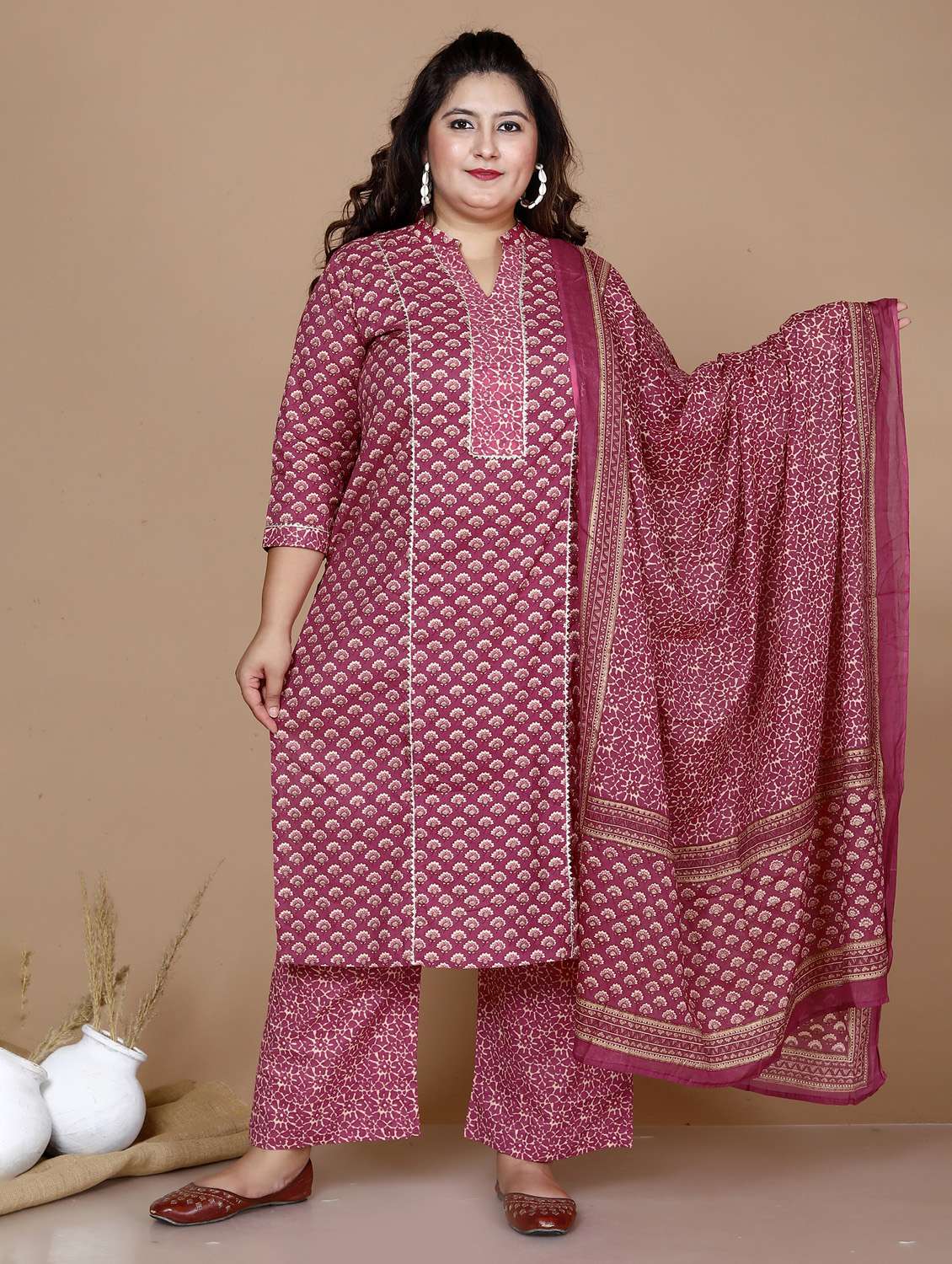 women plus size floral three quarter sleeve kurta palazzo with dupatta set