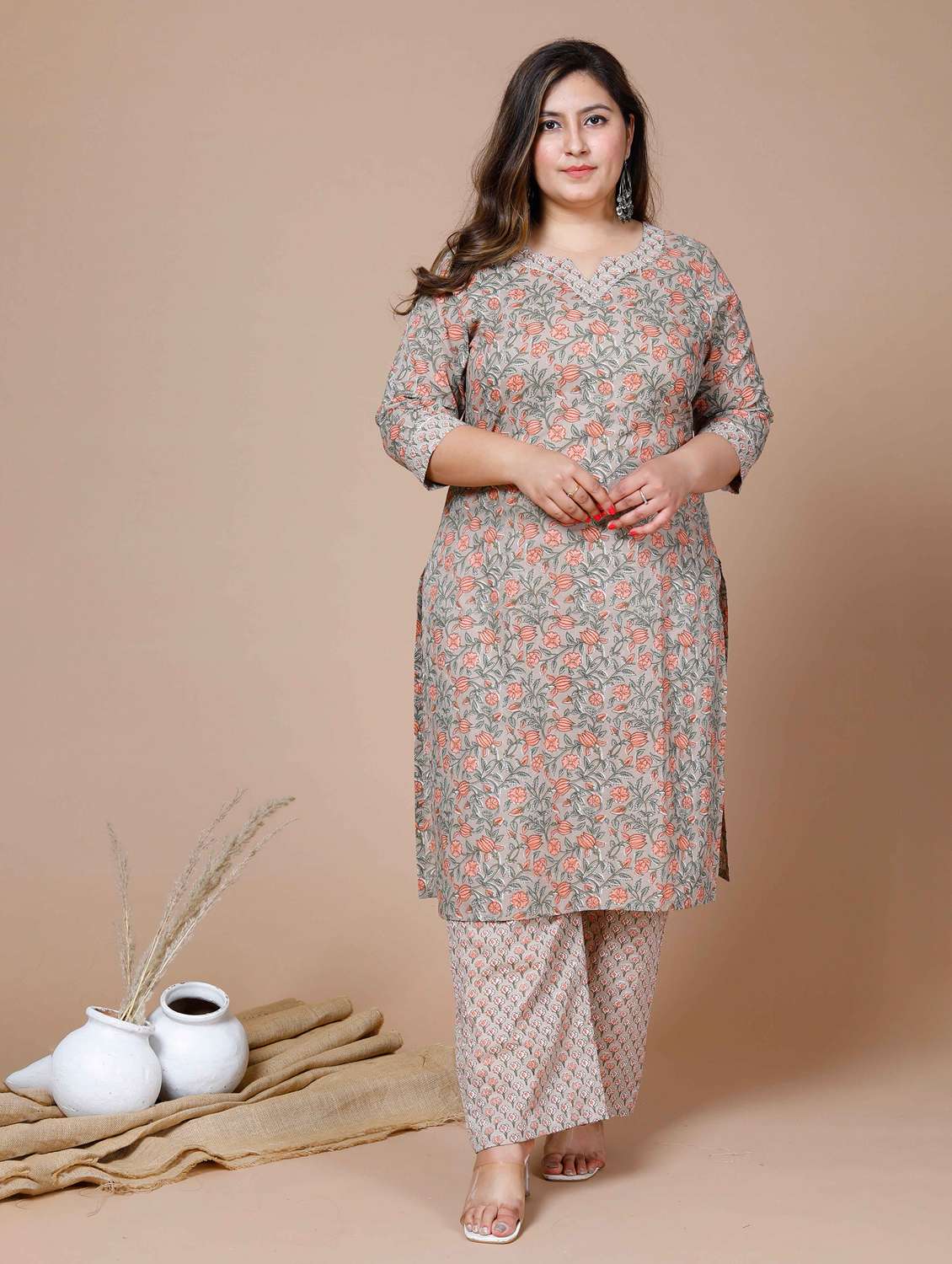 women plus size floral three quarter sleeve kurta palazzo set