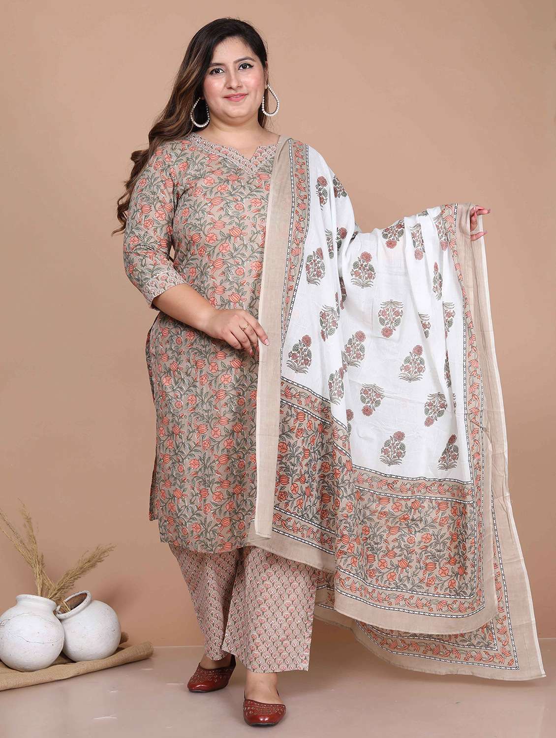 women plus size floral three quarter sleeve kurta palazzo with dupatta set