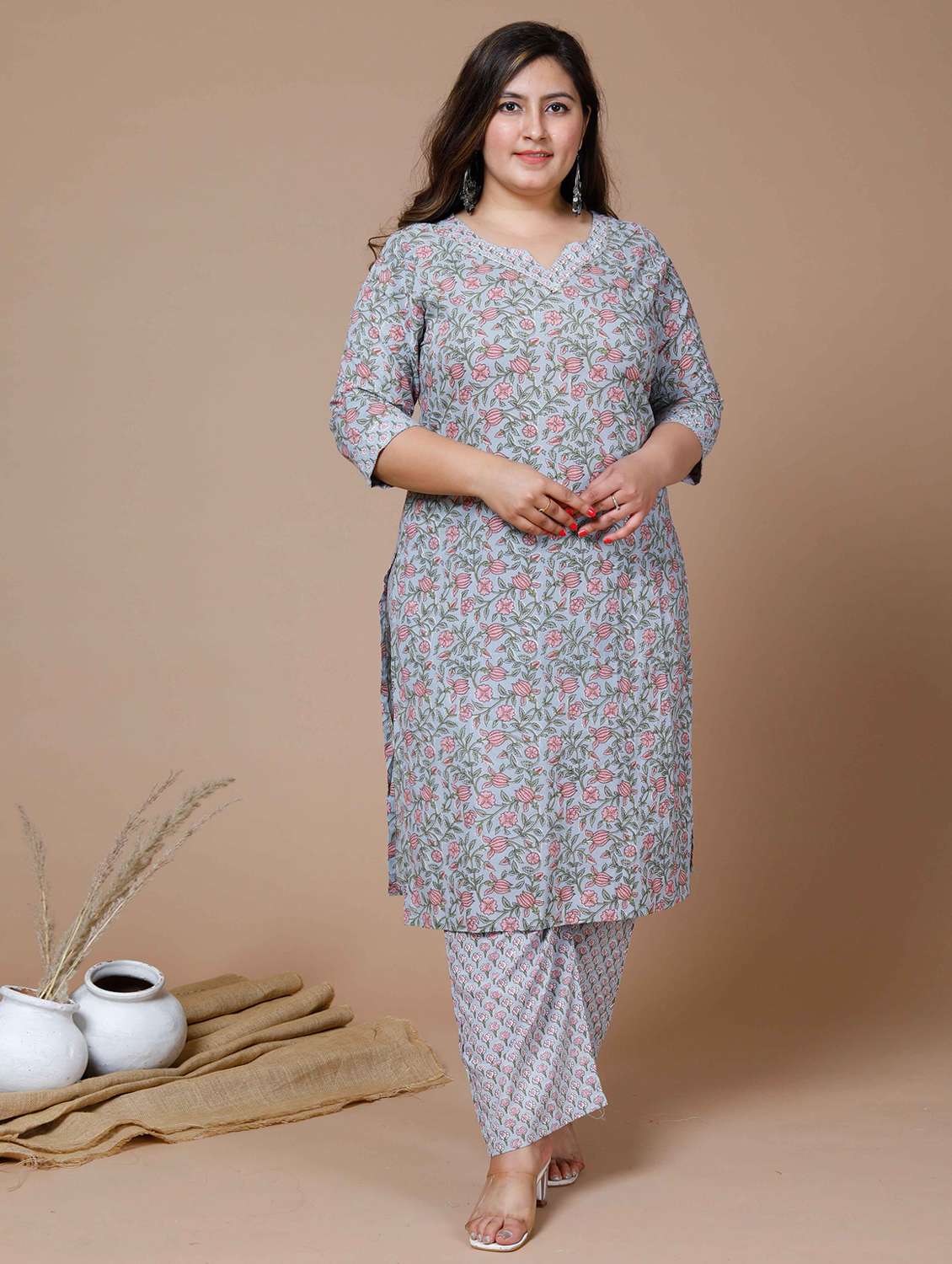 women plus size floral three quarter sleeve kurta palazzo set