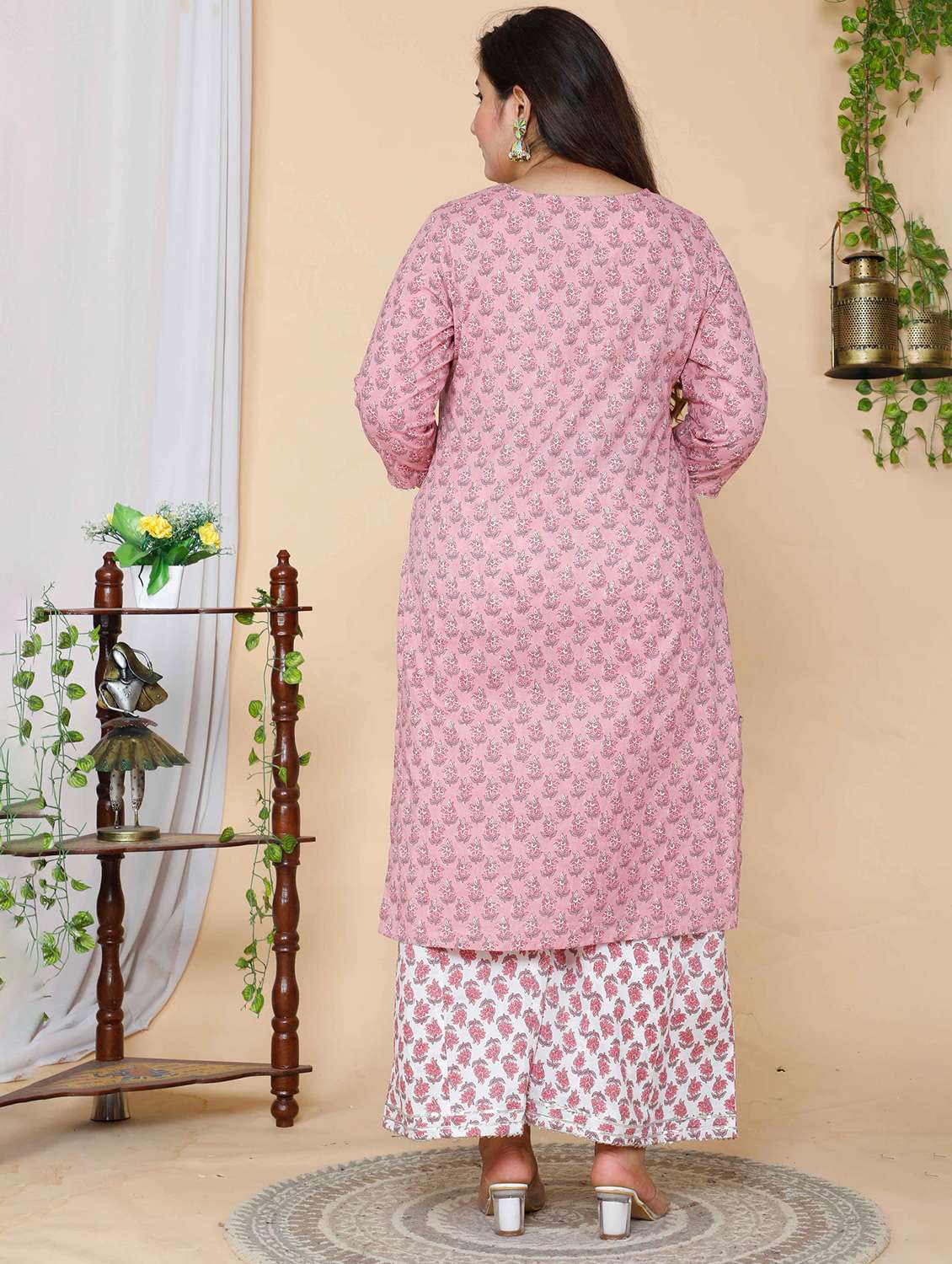 pink suit setwomen plus size floral three quarter sleeve kurta palazzo with dupatta set - 22285634 -  Standard Image - 3