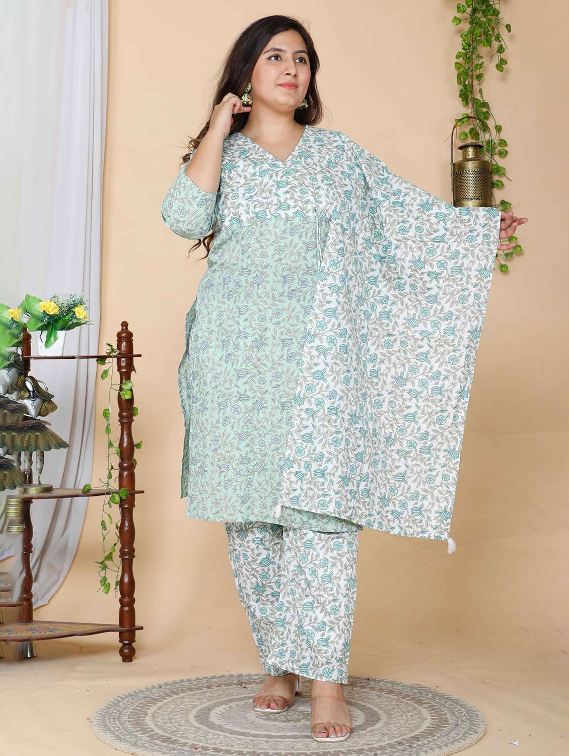 women plus size floral three quarter sleeve kurta palazzo with dupatta set