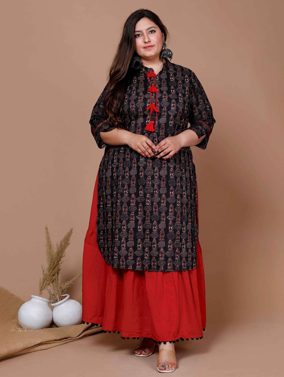 women plus size printed three quarter sleeve kurta skirt set