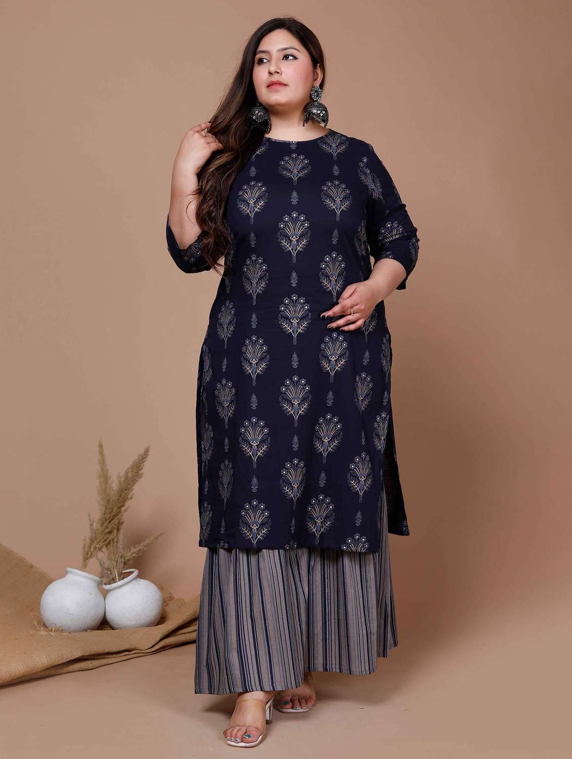 women plus size printed three quarter sleeve kurta sharara set