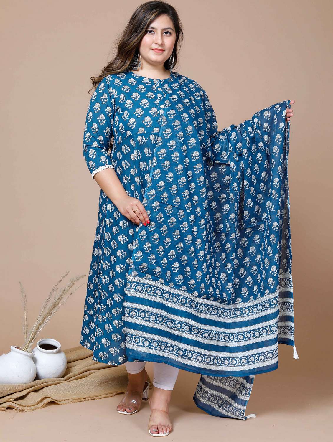 women plus size floral three quarter sleeve kurta with dupatta set