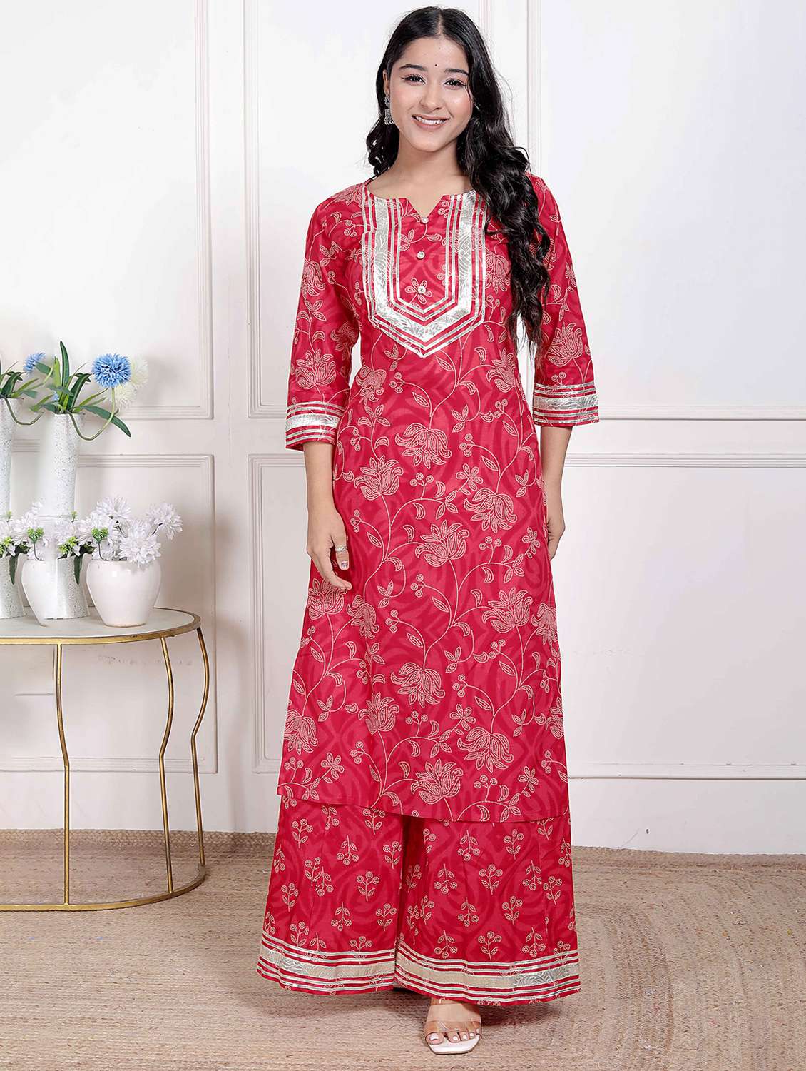 women floral three quarter sleeve kurta palazzo set