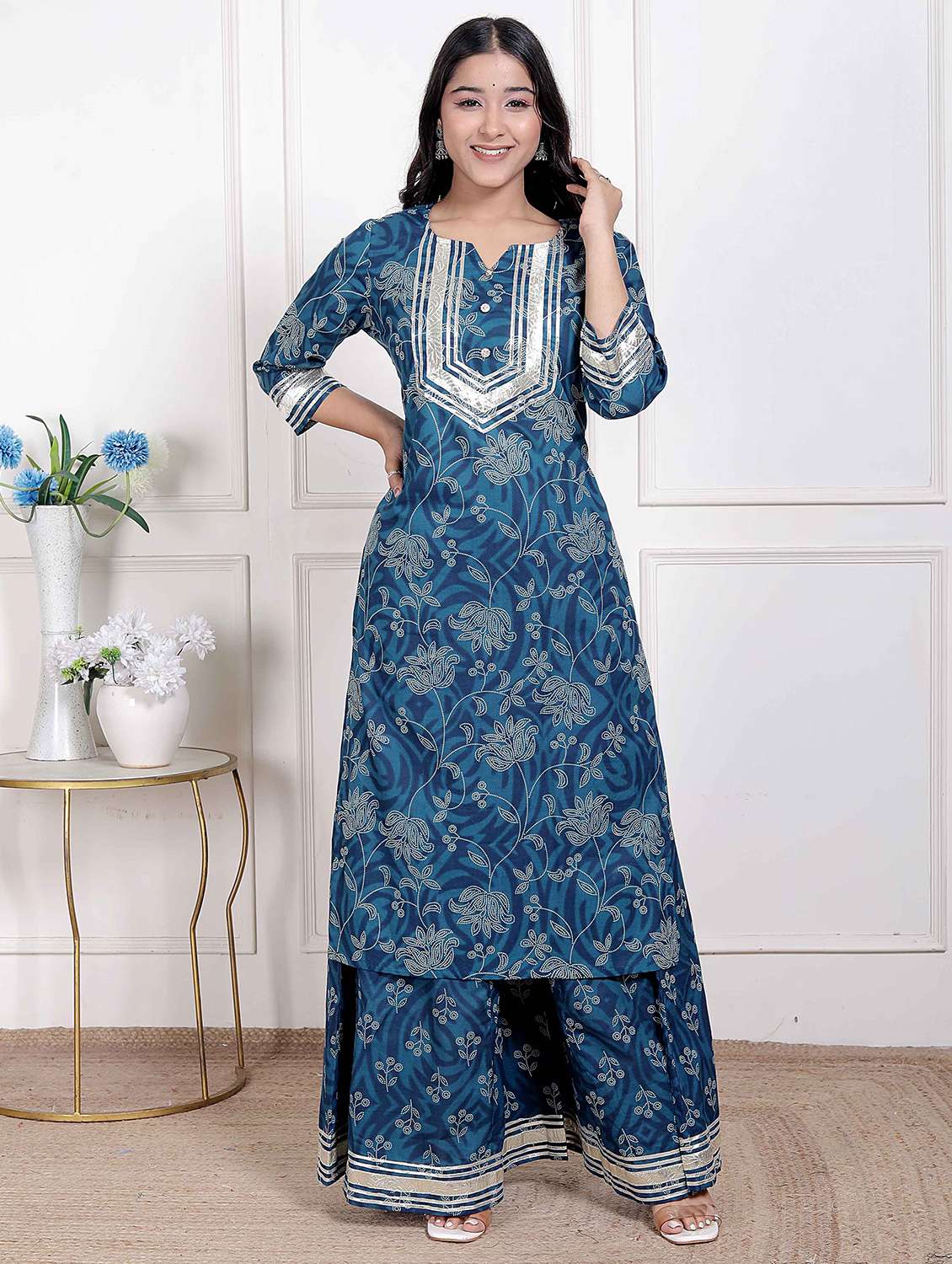 women floral three quarter sleeve kurta palazzo set