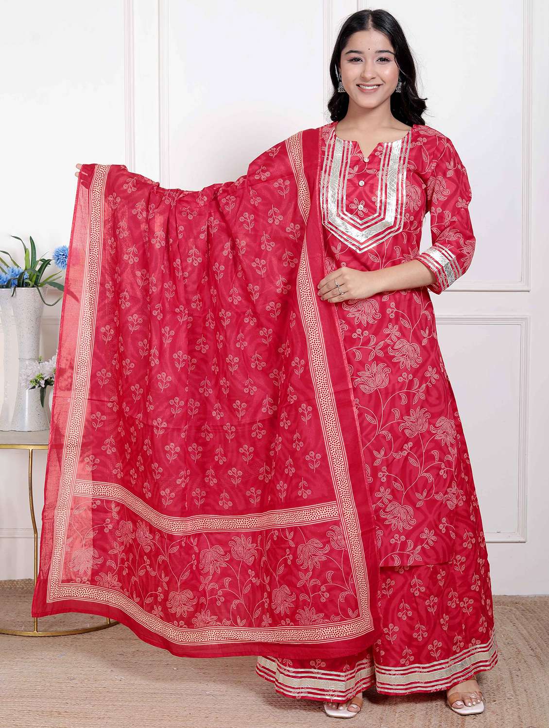 women floral three quarter sleeve kurta palazzo with dupatta set