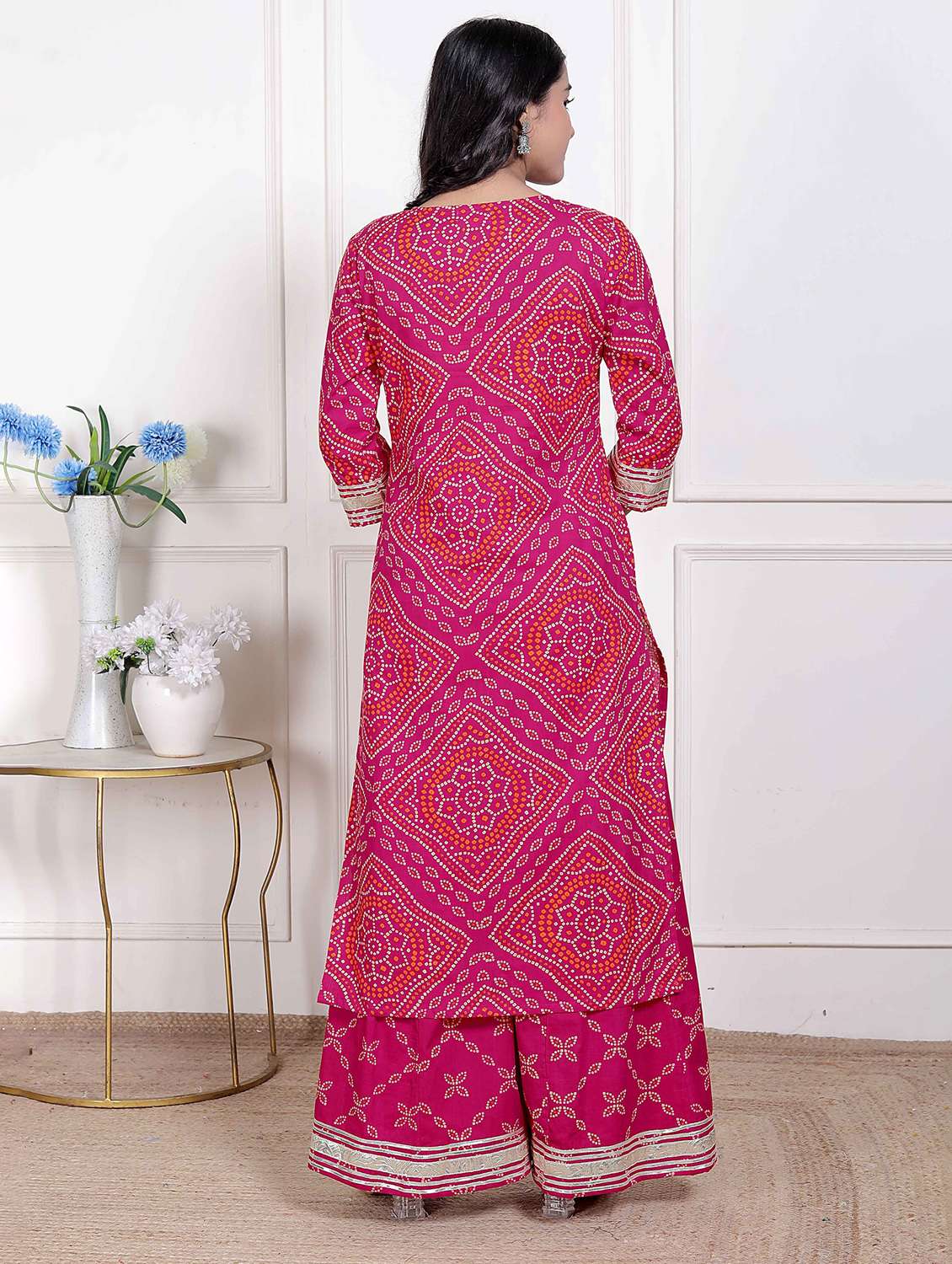 women bandhani three quarter sleeve kurta palazzo with dupatta set - 22285674 -  Standard Image - 3