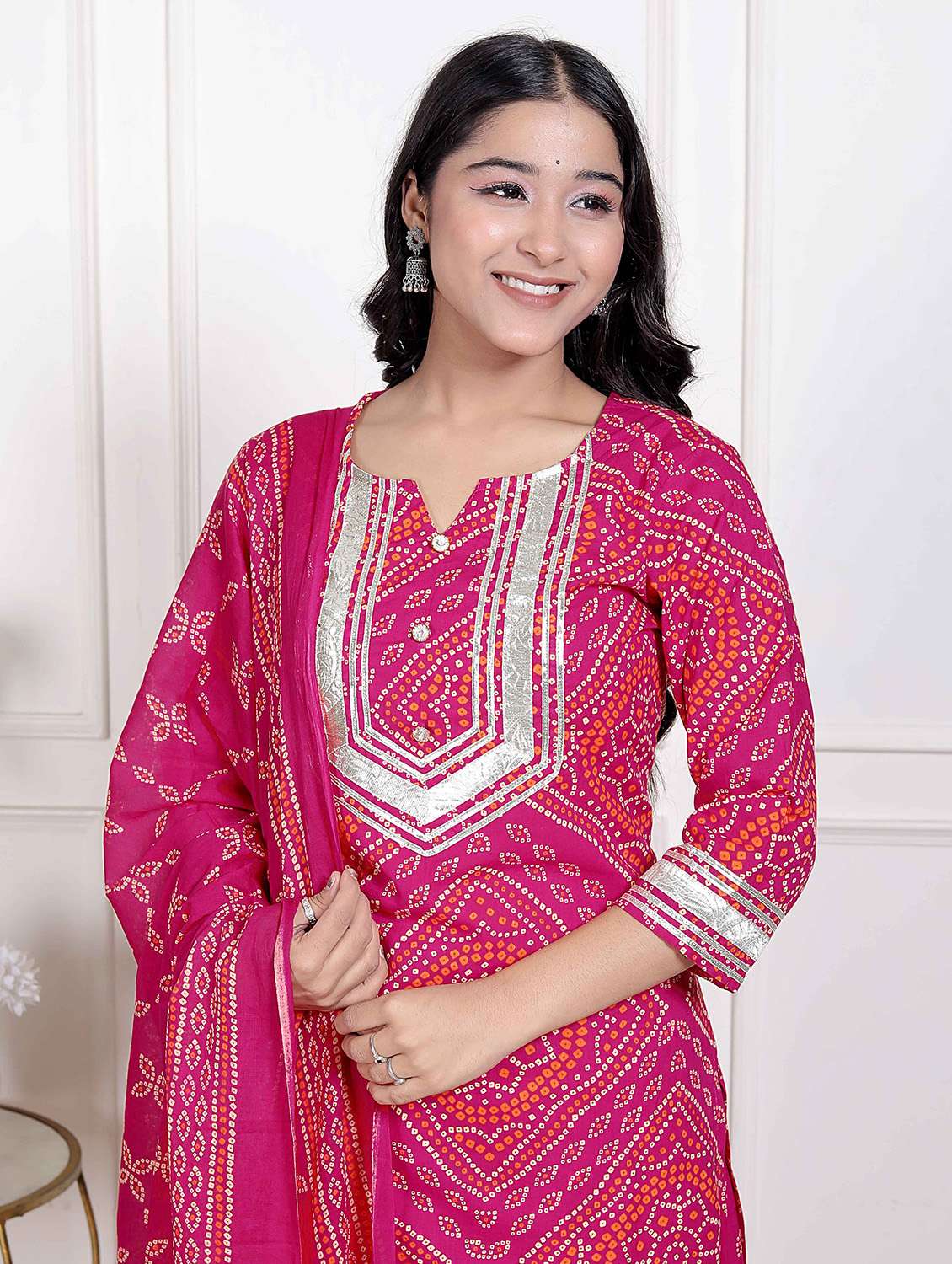 women bandhani three quarter sleeve kurta palazzo with dupatta set - 22285674 -  Standard Image - 5